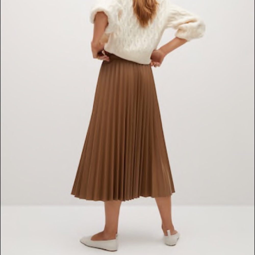 Mango Pleated Brown Faux Leather Midi Skirt